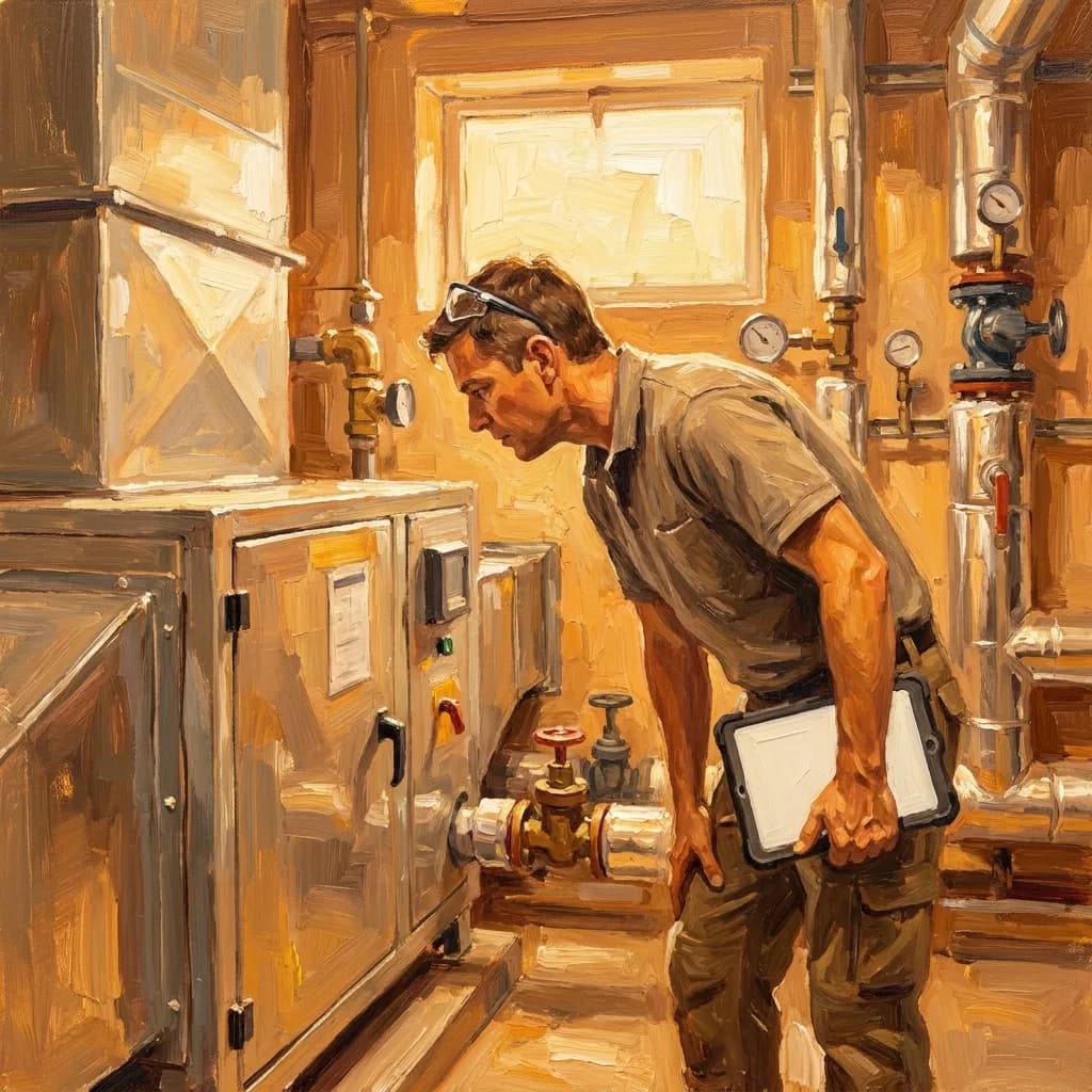 Painting of an assessor in a plant room, leaning in to inspect equipment with a tablet at his side