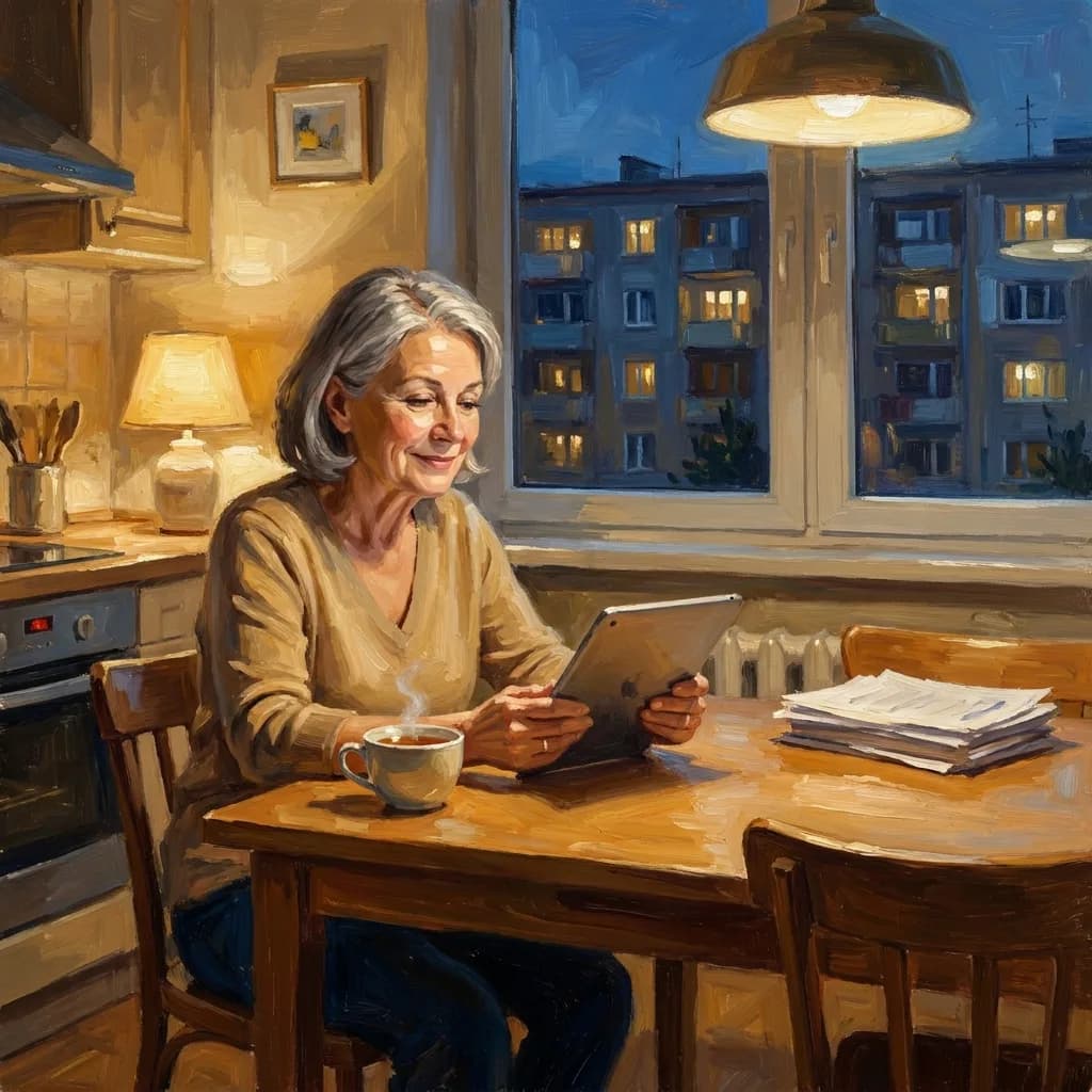 Painting of a grey-haired committee member at a kitchen table in the evening, reading a tablet, with a cup of tea, papers set aside and lit apartment windows beyond