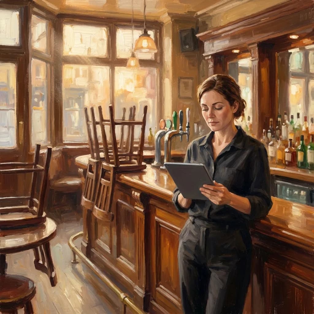 Painting of a pub manager, a woman in a dark shirt, standing at the end of a timber bar before opening, reading a tablet, with chairs upturned and afternoon light through tall windows