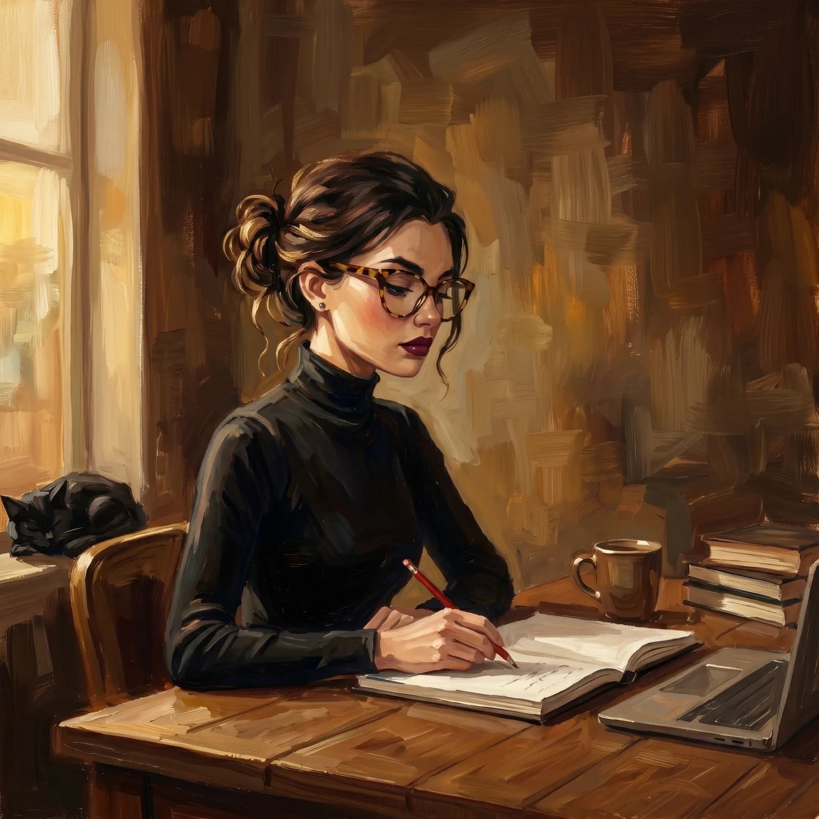 Painting of Gwendolen at a wooden desk in warm window light, writing in a notebook with a red pencil, a laptop and coffee beside her and a cat asleep on the sill