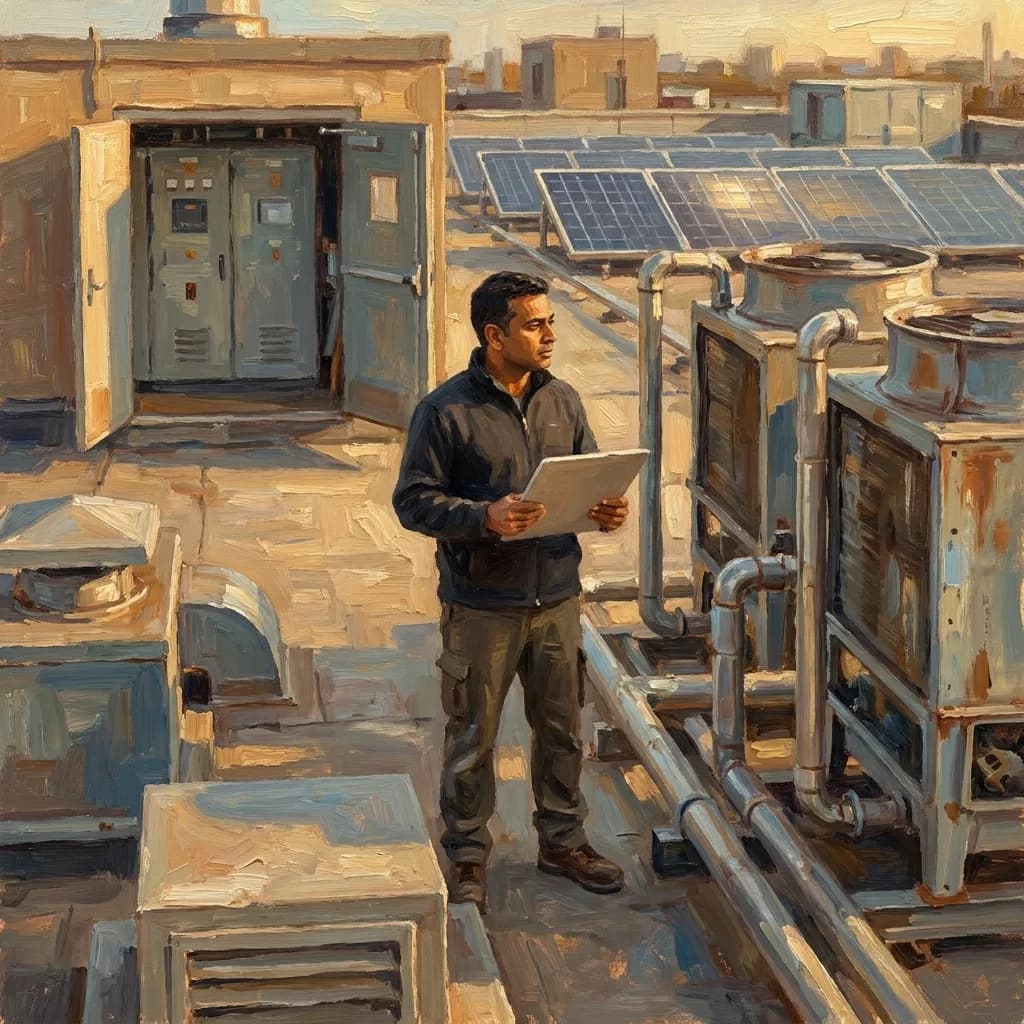 Painting of an engineer in a dark jacket on a building rooftop reading a tablet, among chillers, an open switch room and solar panels