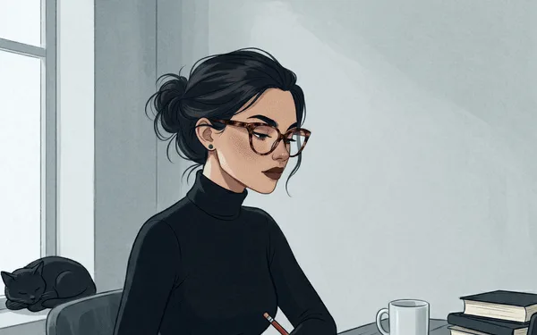 Illustration of Gwendolen writing at a desk, in tortoiseshell glasses