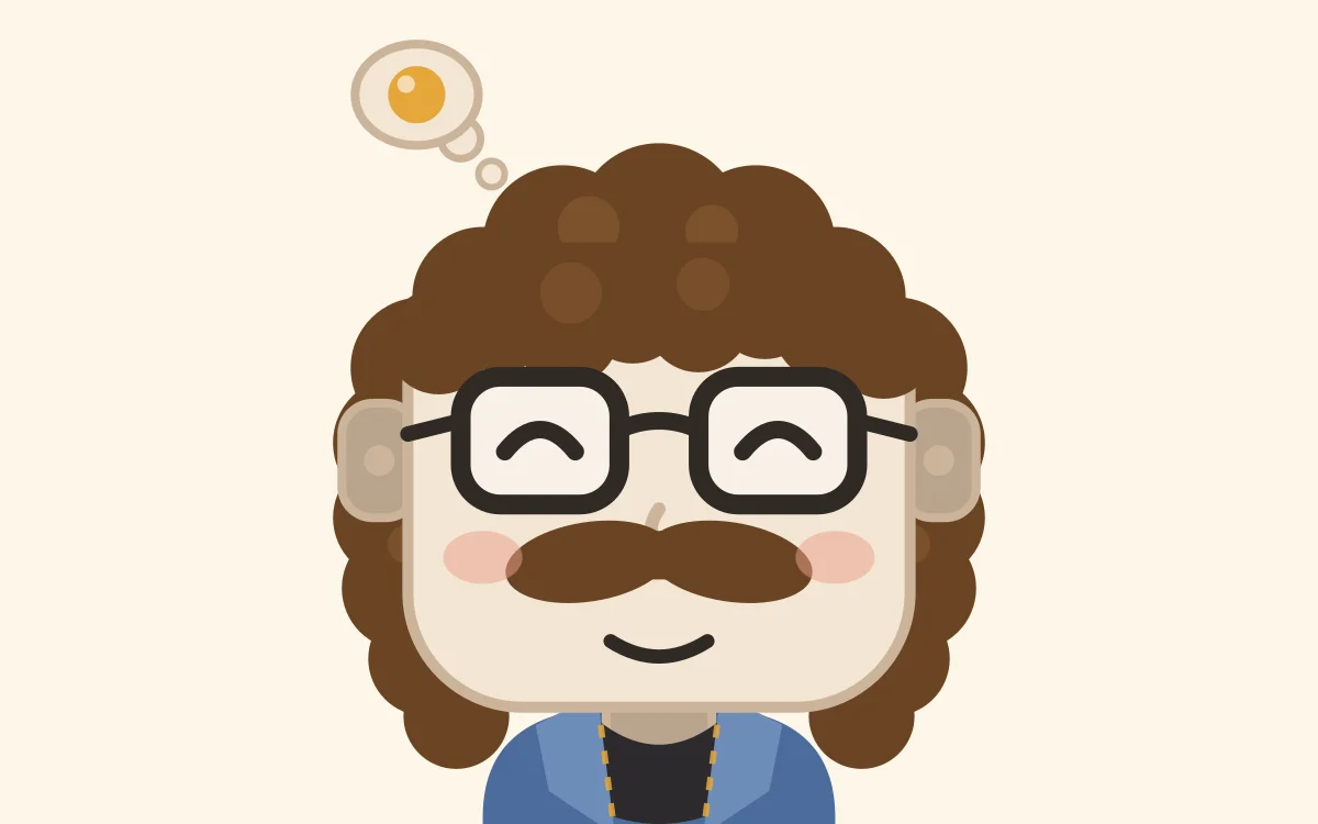 Hugobot's mascot: curly hair, square glasses and a moustache