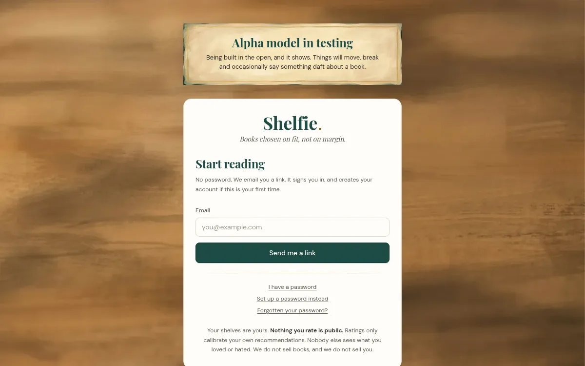 Shelfie's sign-in screen: books chosen on fit, not on margin